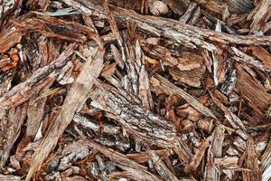 Chips of tree bark on the ground. Sawmill. Ecological background photo