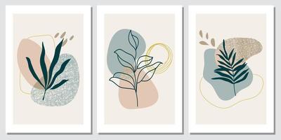 Collection of contemporary art posters in pastel colors. Abstract paper cut geometric elements and strokes, leaves and dots. Great deisgn for social media, postcards, print. vector