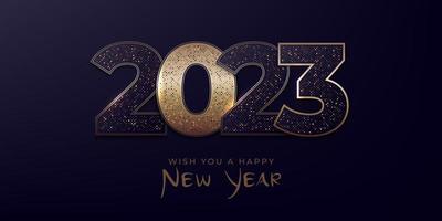 diseño de banner moderno de feliz año nuevo con el logotipo 2023 hecho de números negros y dorados brillantes vector