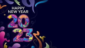2023 doodle art background with copy space. Trendy happy new year banner with colorful fluid paint vector