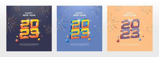 2023 new year celebration square banner template, with 3d gold lettering and colorful fireworks vector