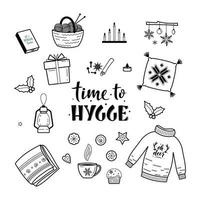 gran conjunto de elementos acogedores de estilo de vida hygge. hora de higienizarse. elementos de invierno para tarjetas de felicitación, carteles, pegatinas y diseño de temporada. aislado sobre fondo blanco. Decoraciones de navidad vector