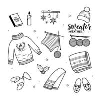 Big set of hygge and christmas knitting elements. Sweater Weather. Knitting elements for greeting cards, posters, stickers and seasonal design. Isolated on white background. Sweater, plaid, scarf vector