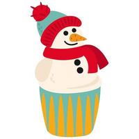 Christmas cupcake snowman. Drawn style. White background isolate. Vector illustration.