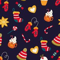 Christmas seamless pattern. Gingerbread, candy, mittens, sock, hat, cupcake, cocoa. Design for fabric, textile, wallpaper, packaging, wrapping paper. vector