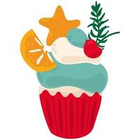 Christmas cupcake with cream and berries. White background, isolate. Drawn style. Vector illustration.