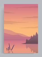 ilustración de vector de cubierta vertical. vista de la puesta de sol en el lago con montañas y una pequeña isla en el fondo. para volante, revista, portada de libro, pancarta, invitación, afiche.