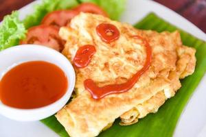 Omelet roll with sliced tomatoes salad lettuce vegetable on white plate - eggs omelette breakfast and tomatoes sauce on top photo