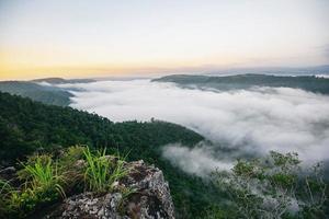 brumoso paisaje de bosque de montaña en la mañana amaneceres niebla y vista de árboles forestales en la cima brumosa niebla de la mañana en el valle hermoso cielo en tailandia asia foto