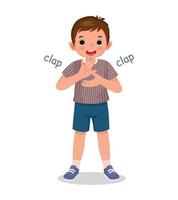 Cute little boy clapping his hands expressing positive emotion of happiness, enjoyment, appreciation and congratulation gesture vector