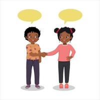 Two cute little African kids boy and girl shaking hands making introduction or congratulating to each others vector