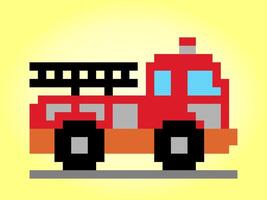 8-bit pixel fire truck image. Car in vector illustration of cross stitch pattern.