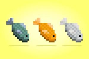 Imagen de peces de píxeles de 8 bits. juego de activos en ilustración vectorial. vector