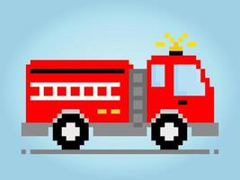 8-bit pixel fire truck image. Car in vector illustration of cross stitch pattern.