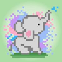 8 bit pixel elephant plays colorful water. Happy animals for cross stitch in vector illustrations.
