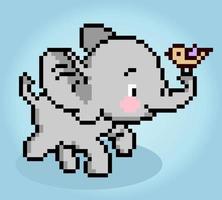8 bit elephant pixels play with a bird. Happy animals for Cross Stitch in vector illustrations.
