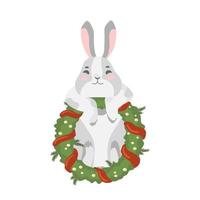 Christmas Rabbit with advent wreath. Winter bunny, hare. Happy new year 2023. Chinese New Year of the rabbit. Isolated vector illustration for print, textile, pet icon, kids design