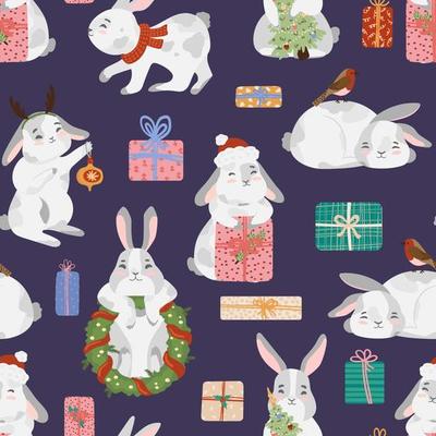 Christmas rabbit, bunny, hare vector seamless pattern with advent wreath, gift box, present, santa hat, christmas tree, red scarf, deer antler, bubble, robin bird. Happy new year 2023 texture
