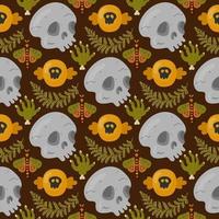 Halloween vector cartoon seamless pattern with pumpkin lantern, ghost, skull, spider, and other scary or festive elements . Mystical background for wallpaper, wrapping, packing, and backdrop.