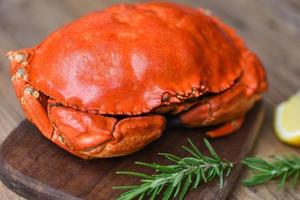 Seafood shellfish Steamed red crab or Boiled stone crab - Fresh crab with ingredients lemon rosemary on wooden board photo