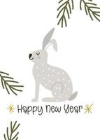 The rabbit on the New Year card 2023 in the Scandinavian style. Christmas greeting poster vector