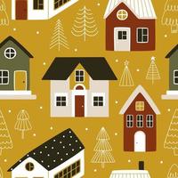 Cute winter houses on golden background with Christmas trees. Seamless pattern for wrapping gifts for the New Year, and fabric vector