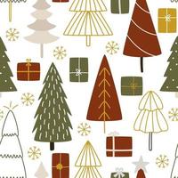 Christmas trees with gifts for celebrating the New Year party. Seamless vector winter pattern with illustrations of Christmas trees, snowflakes, and gift boxes for fabric and wrapping paper