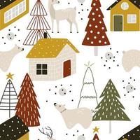 Seamless vector pattern with cute animals and houses for Christmas. Winter repeating print for wallpaper with deer, bear, and Christmas trees.