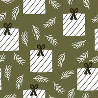 Gift boxes with Christmas tree branches on a green background. Seamless vector Christmas pattern. Winter pattern for wrapping gifts, fabric, postcards