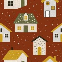 Winter cute hand-drawn houses on a red background. Vector seamless pattern with illustrations of street winter decor