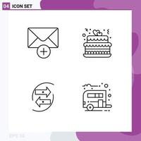 Mobile Interface Line Set of 4 Pictograms of mail data cake party money Editable Vector Design Elements