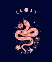 Magic postcard with a snake, stars and flowers. Vector graphics.