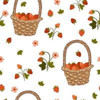 Seamless pattern with baskets and strawberries on a white background. Vector graphics.