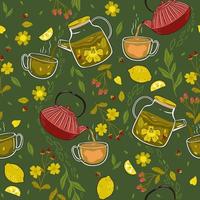 Seamless pattern with teapots and cups. Vector graphics.