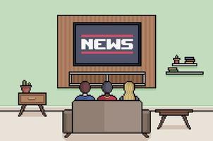 Pixel art people watching news in the TV room 8bit game background vector