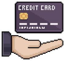 Pixel art hand with credit card vector icon for 8bit game on white background