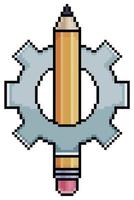 Pixel art gear with pencil, concept of ideas and creativity vector icon for 8bit game on white background