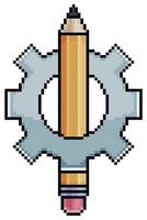 Pixel art gear with pencil, concept of ideas and creativity vector icon for 8bit game on white background