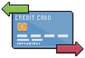 Pixel art credit card with transaction arrows vector icon for 8bit game on white background