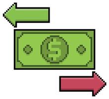 Pixel art banknote with arrows, money transaction vector icon for 8bit game on white background