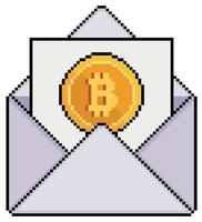 Pixel art envelope with paper and bitcoin vector icon for 8bit game on white background