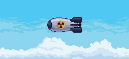 Pixel art atomic bomb falling from blue sky with clouds vector background for 8bit game