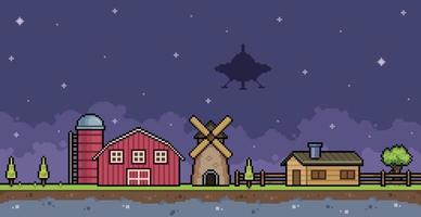 Pixel art UFO on farm with house, barn, silo, mill and flying saucer 8bit game background vector