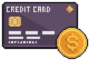 tarjeta de crédito de pixel art con icono de vector de moneda para juego de 8 bits sobre fondo blanco