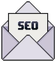 Pixel art envelope with SEO written paper vector icon for 8bit game on white background