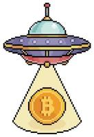 Pixel art UFO abducting bitcoin, flying saucer vector icon for 8bit game on white background