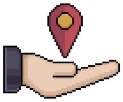 pixel art mano con gps e icono de ubicación icono vectorial para juego de 8 bits sobre fondo blanco vector