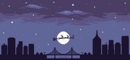 Pixel art minimalist cityscape at night with Santa Claus flying in the background christmas scene for 8bit game vector