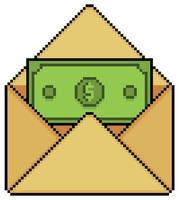 Pixel art envelope with money, banknote vector icon for 8bit game on white background