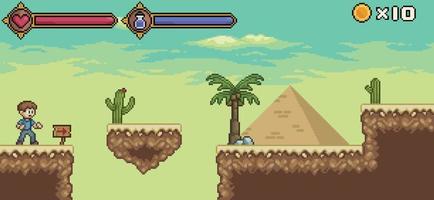 escena de juego del desierto de pixel art con personaje, barra de vida y fondo de vector de maná para juego de 8 bits